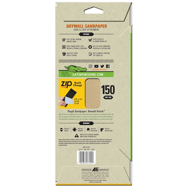 Gator Finishing Zip SilicaCut Drywall Hook and Loop Sandpaper Sheets, 150 Very Fine Grit - 7159