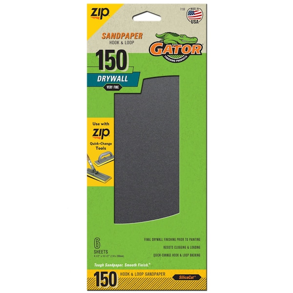 Gator Finishing Zip SilicaCut Drywall Hook and Loop Sandpaper Sheets, 150 Very Fine Grit - 7159