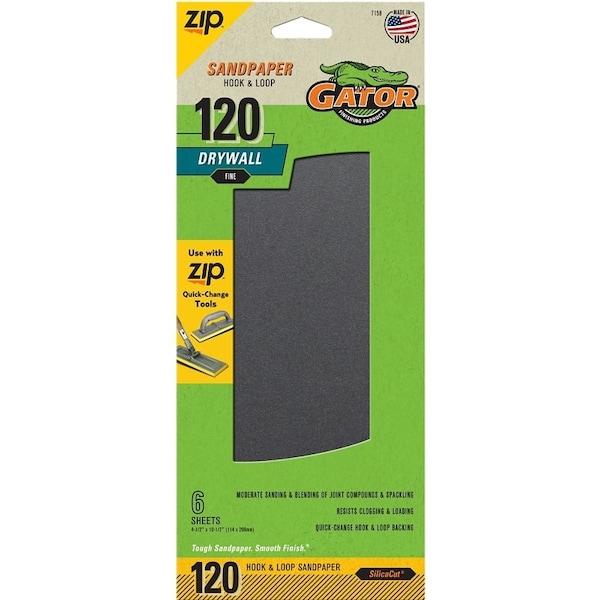 Gator Sandpaper, 10-1/2 in L, 4-1/2 in W, 120 Grit, Fine, Silicone Carbide Abrasive - 7158