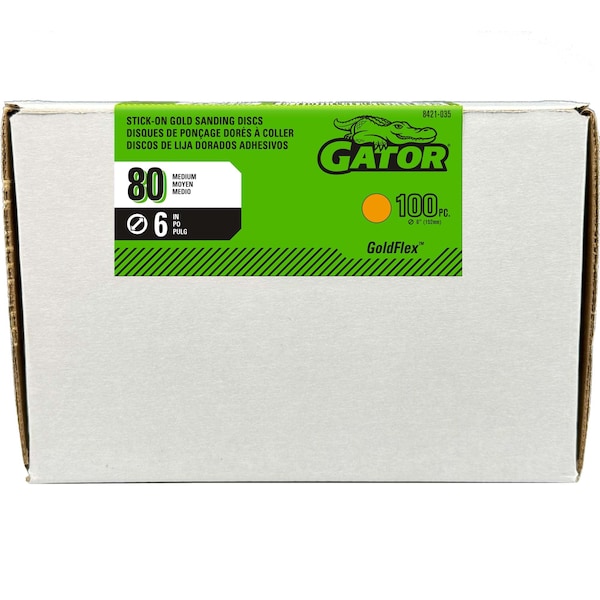 Gator Finishing PSA Sanding Disc, 80 Grit, 6 in Dia, Aluminum Oxide, Gold, PK100 - 8421035