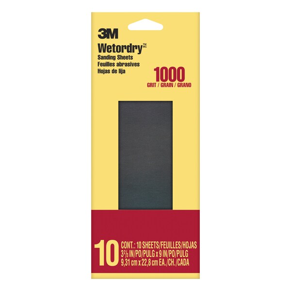 3M Sandpaper Sheet, 1000 Grit, 3 11/16"W, PK10 - 5923-18-CC