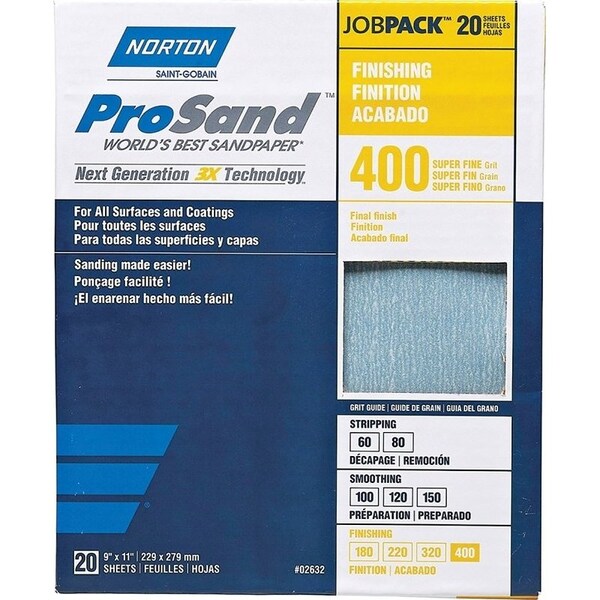 Norton Co ProSand 07660768165 Sanding Sheet, 11 in L, 9 in W, Super Fine, 400 Grit, Aluminum Oxide Abrasive - 2632