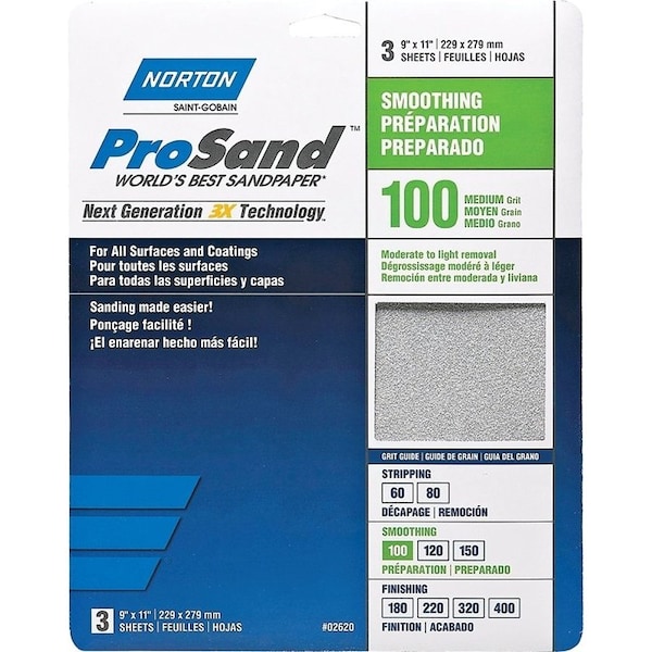 Norton Co ProSand 07660768162 Sanding Sheet, 11 in L, 9 in W, Medium, 100 Grit, Aluminum Oxide Abrasive - 2620
