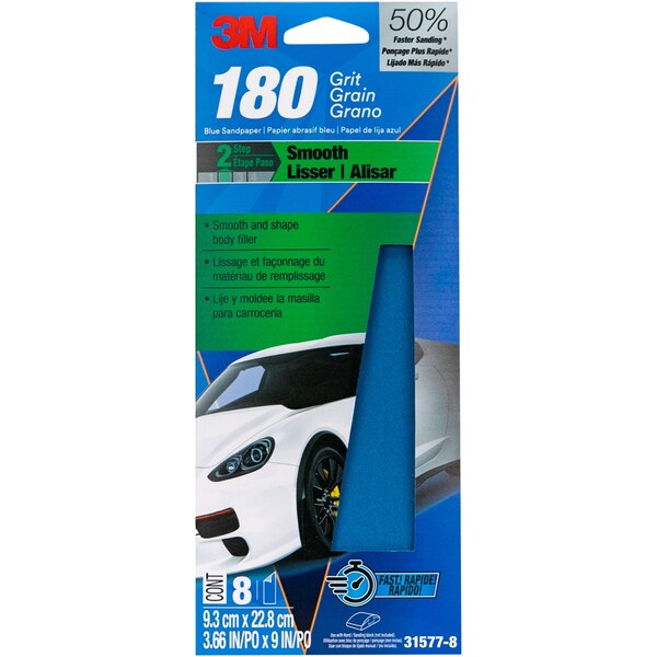 3M Blue Sandpaper, 3 2/3 in X 9 in, 180 G, 8 Sheet/Pack, 20PK - 31577-8