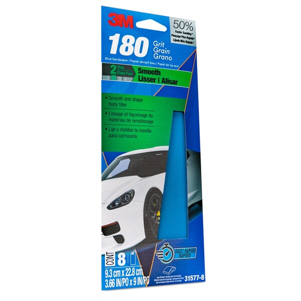 3M Blue Sandpaper, 3 2/3 in X 9 in, 180 G, 8 Sheet/Pack, 20PK - 31577-8