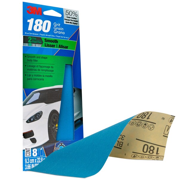 3M Blue Sandpaper, 3 2/3 in X 9 in, 180 G, 8 Sheet/Pack, 20PK - 31577-8