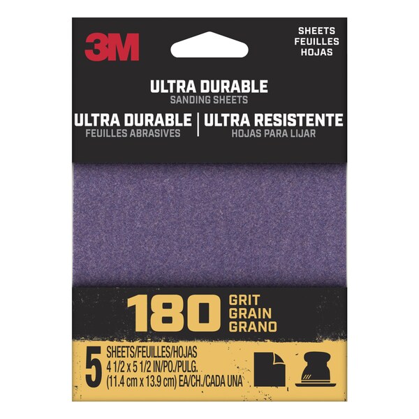 3M Ultra Durable Power Sanding 1/4 Sheet, 180 grit, 5 pk, 20PK - 1/4SHT5PK180
