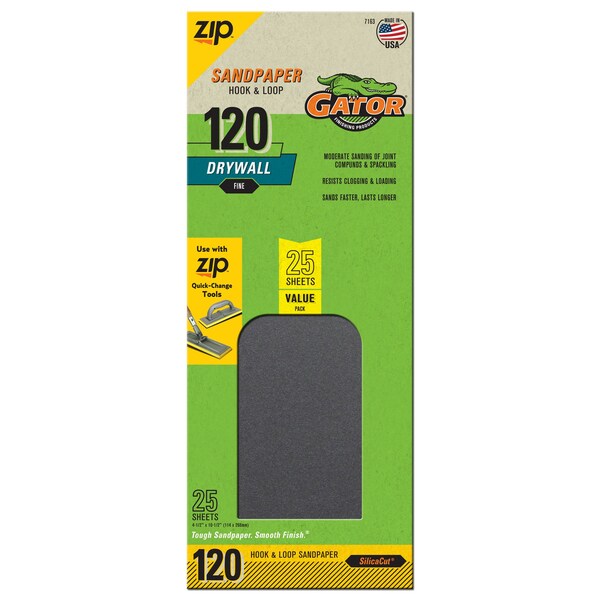 Gator Finishing Zip SilicaCut Drywall Hook and Loop Sandpaper Sheets, 120 Fine Grit - 716304
