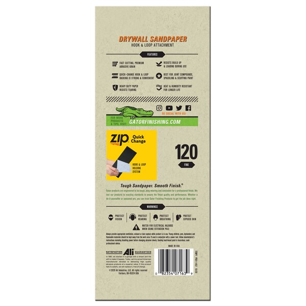 Gator Finishing Zip SilicaCut Drywall Hook and Loop Sandpaper Sheets, 120 Fine Grit - 716304