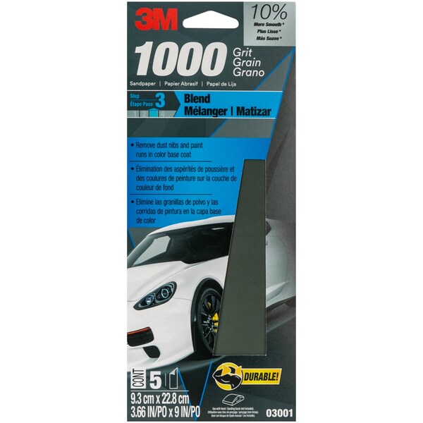 3M Wetordry Sandpaper 03001, 3-2/3 in X 9 in, 1000 Grit, 5/Pack, 20PK - 3001