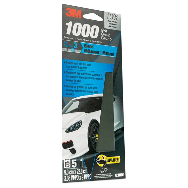 3M Wetordry Sandpaper 03001, 3-2/3 in X 9 in, 1000 Grit, 5/Pack, 20PK - 3001