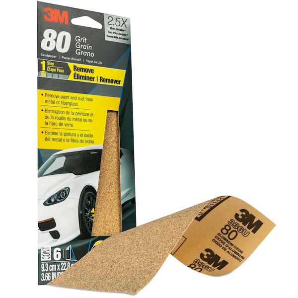 3M Sandpaper 03035, 80 Grit, 3-2/3 in x 9 in, 6/Pack, 20PK - 3035
