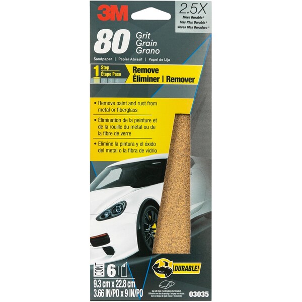 3M Sandpaper 03035, 80 Grit, 3-2/3 in x 9 in, 6/Pack, 20PK - 3035