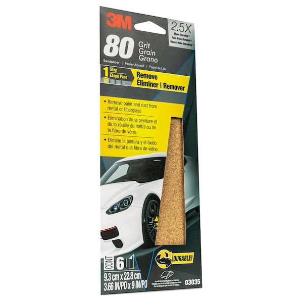 3M Sandpaper 03035, 80 Grit, 3-2/3 in x 9 in, 6/Pack, 20PK - 3035