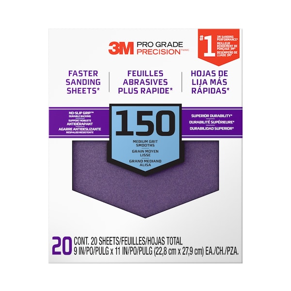 3M 3M Faster Sanding Sheets w/ NO-SLIP GRIP Backing, 9 x 11, 150 Gr, 5PK - SHCP150-PGP20T