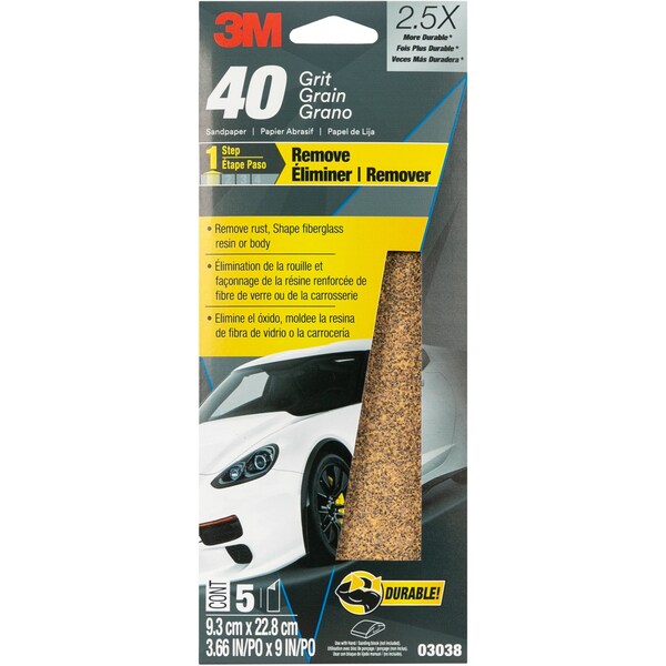3M Sandpaper 03038, 3-2/3 in x 9 in, 40 Grit, 5/Pack, 20PK - 3038