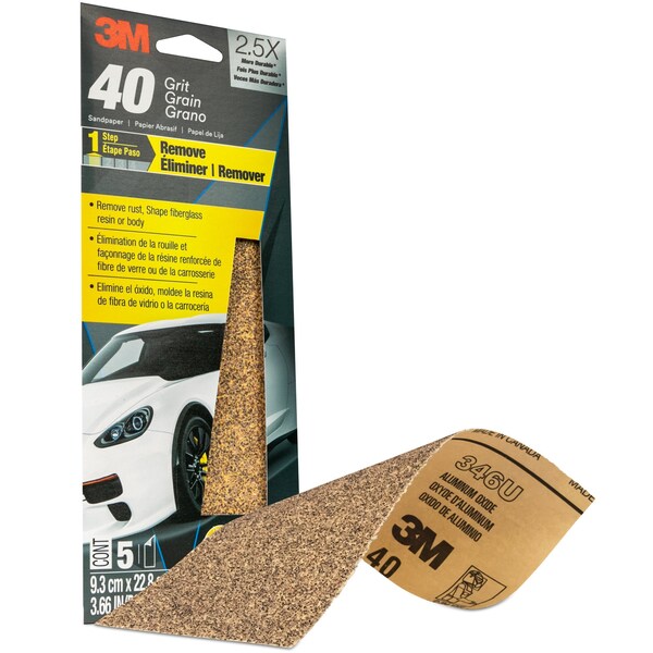 3M Sandpaper 03038, 3-2/3 in x 9 in, 40 Grit, 5/Pack, 20PK - 3038