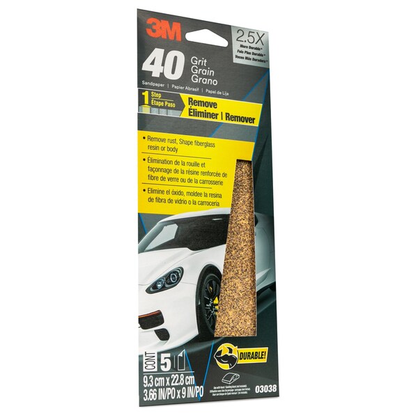 3M Sandpaper 03038, 3-2/3 in x 9 in, 40 Grit, 5/Pack, 20PK - 3038