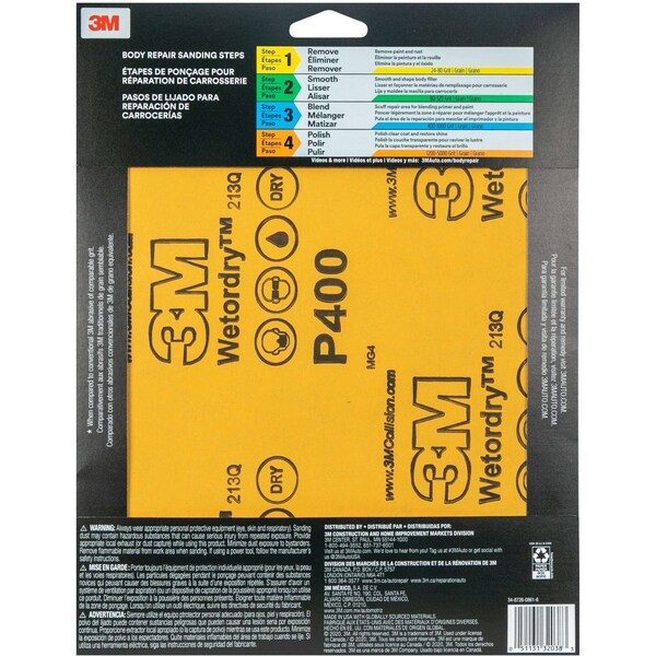 3M 3M Sandpaper, 400 Grit, 9 in x 11 in, 5 per pack, 20 per case, 20PK - 32038