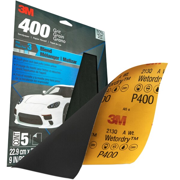 3M 3M Sandpaper, 400 Grit, 9 in x 11 in, 5 per pack, 20 per case, 20PK - 32038