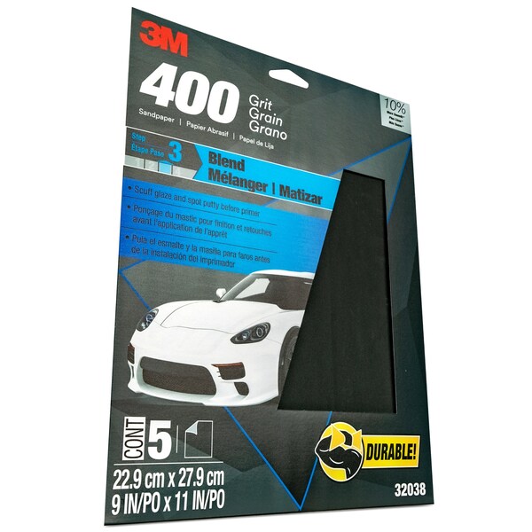 3M 3M Sandpaper, 400 Grit, 9 in x 11 in, 5 per pack, 20 per case, 20PK - 32038