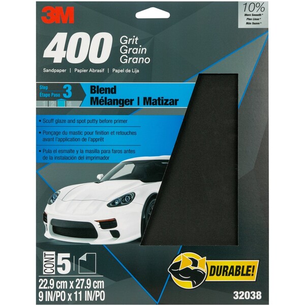 3M 3M Sandpaper, 400 Grit, 9 in x 11 in, 5 per pack, 20 per case, 20PK - 32038
