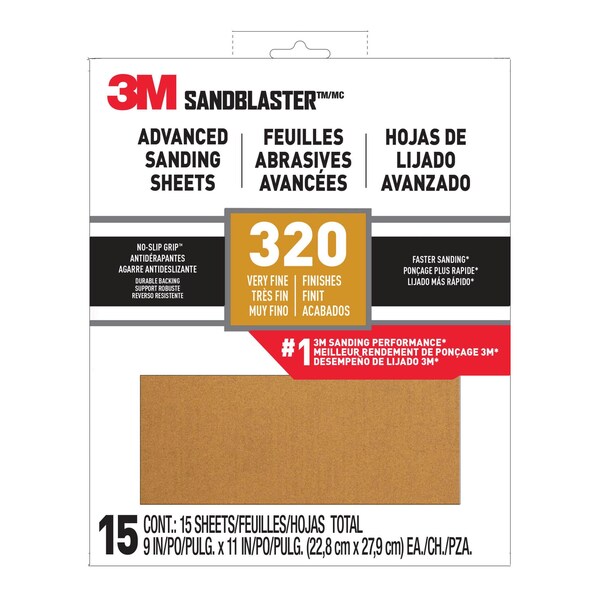 3M 3M Advanced Sanding Sheets w/NO-SLIP GRIP Backing 30320-G-15, 9 in x 11 in, 320 Grit, 5PK - 30320ES-15-G