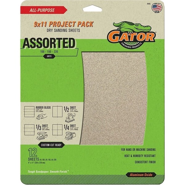 Gator Sanding Sheet, 9 in L, 11 in W, 100, 150, 220 Grit, Extra Fine/Fine/Medium, Aluminum Oxide Abrasive - 4445