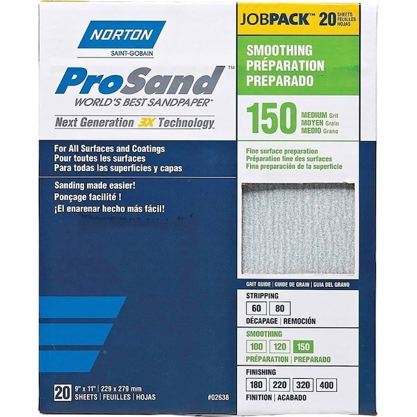Norton Co ProSand 07660768171 Sanding Sheet, 11 in L, 9 in W, Medium, 150 Grit, Aluminum Oxide Abrasive - 2638