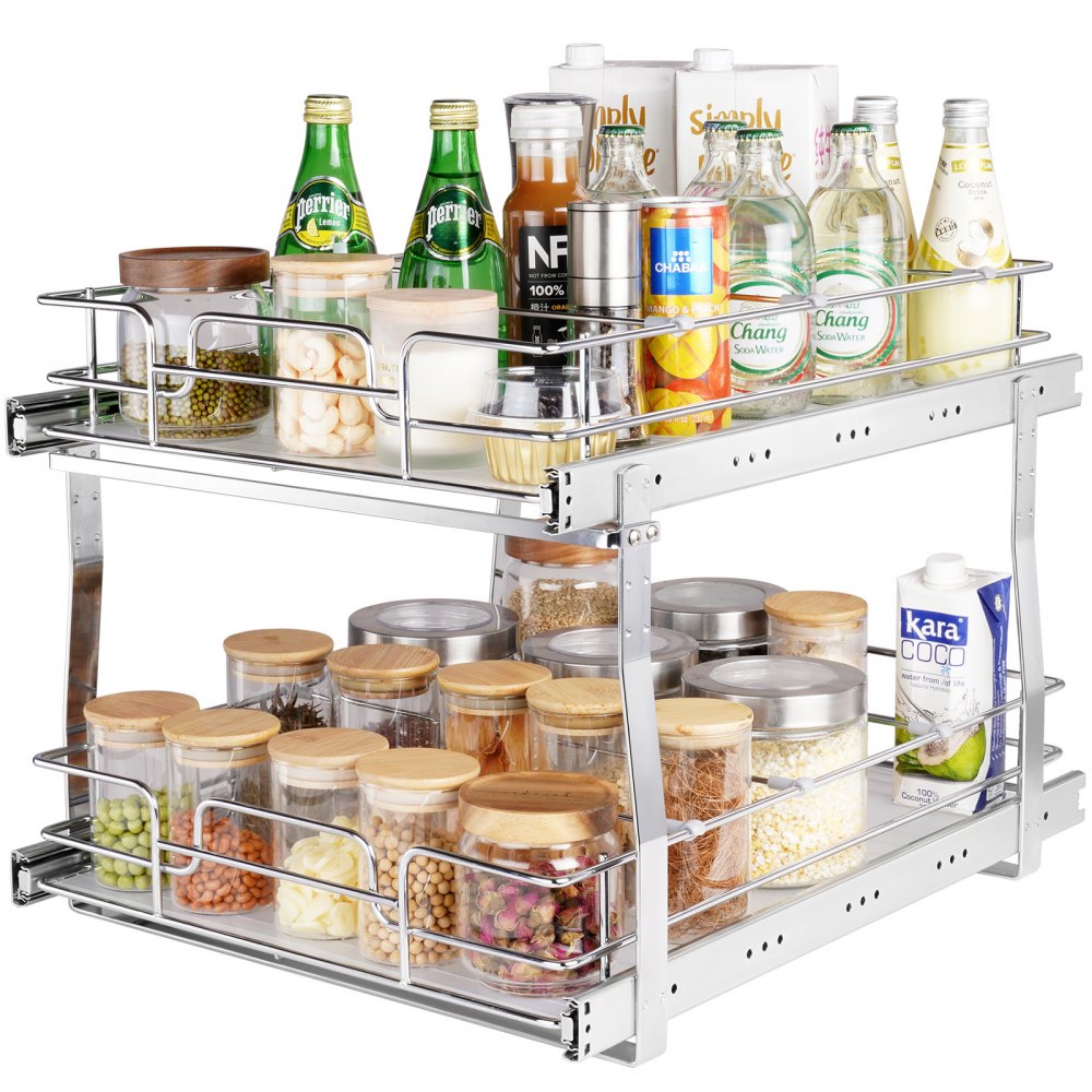 VEVOR 2 Tier 17"W x 21"D Pull Out Cabinet Organizer, Heavy Duty Slide Out Pantry Shelves, Chrome-Plated Steel Roll Out Drawers, Sliding Drawer Storage for Inside Kitchen Cabinet, Bathroom, Under Sink - HGS217W21D15HO4AUV0