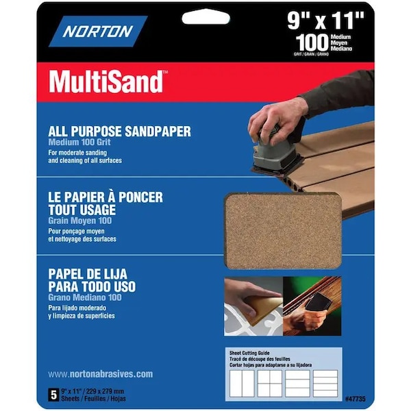 Norton Co 9" x 11" MultiSand All Purpose Sanding Sheet 100-Grit, PK 5 - 47735