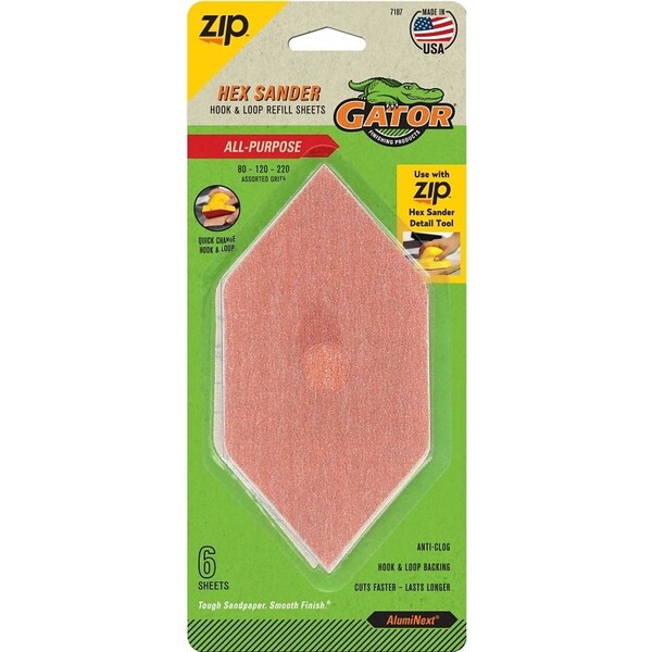 Gator Zip Refill Sheet, 6 in L, 3 in W, Extra Fine, Fine, Medium, 80 Grit, Aluminum Oxide Abrasive - 7187