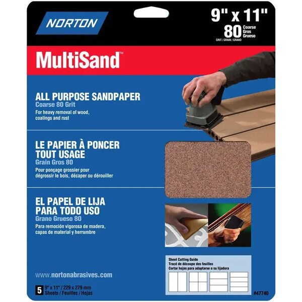 Norton Co 9" x 11" MultiSand All Purpose Sanding Sheet 80-Grit, PK 5 - 47740