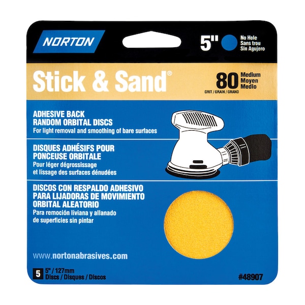 Norton Abrasives Norton Stick & Sand 5 in. Aluminum Oxide Adhesive A250/A290/H290 Sanding Disc 80 Grit Coarse 5 pk - 7660705455