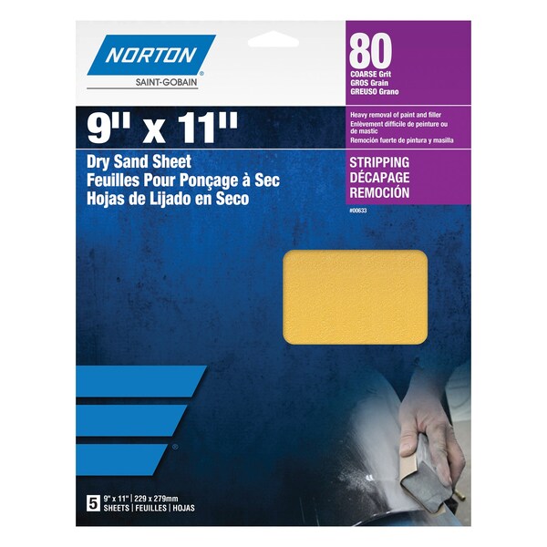 Norton Abrasives 9 x 11 In. Paper Sheet H290 Aluminum Oxide P80 Grit, 5PK - 7660700633