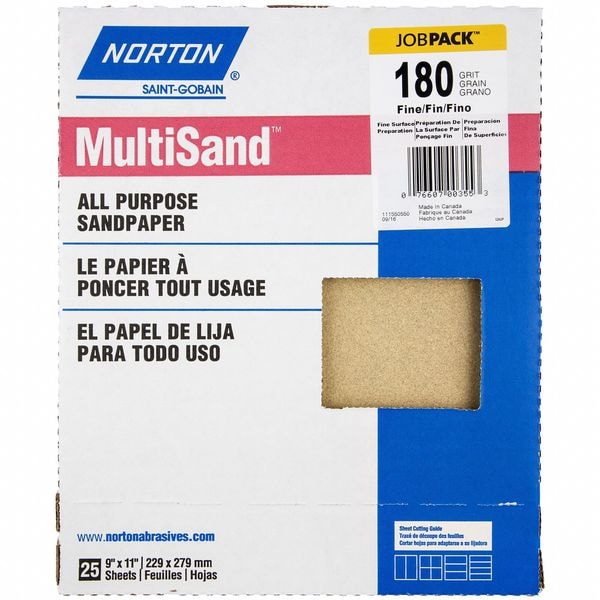 Norton Abrasives Sandpaper Sheet, Grit 180, PK25 - 07660700355