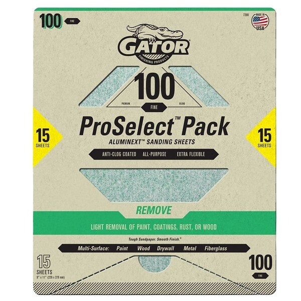 Gator Sanding Sheet, 11 in L, 9 in W, Fine, 100 Grit, Aluminum Oxide Abrasive - 7289