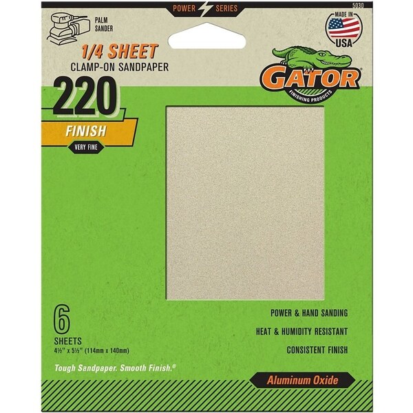 Gator Sanding Sheet, 4-1/2 in W, 5-1/2 in L, 220 Grit, Extra Fine, Aluminum Oxide Abrasive, Paper Backing - 5030