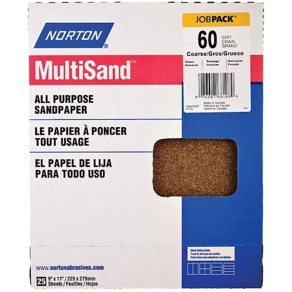 Norton Co Adalox 07660700 Sanding Sheet, 11 in L, 9 in W, Coarse, 60 Grit, Aluminum Oxide Abrasive - 152