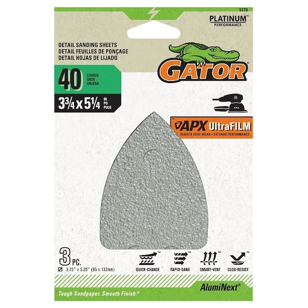 Gator Sanding Sheet, 3-3/4 in W, 5-1/4 in L, 40 Grit, Coarse, Aluminum Oxide Abrasive, Film Backing - 5170