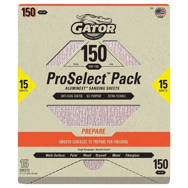 Gator Sanding Sheet, 11 in L, 9 in W, Very Fine, 150 Grit, Aluminum Oxide Abrasive - 7286