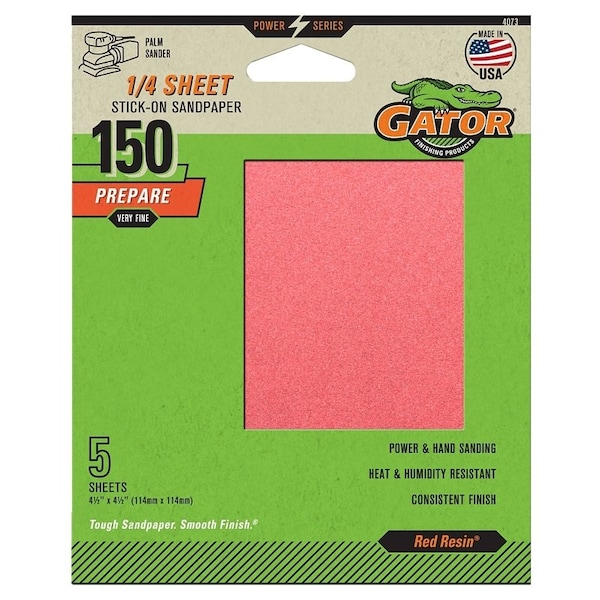 Gator Sanding Sheet, 4-1/2 in L, 4-1/2 in W, Fine, 150 Grit, Aluminum Oxide Abrasive - 4073