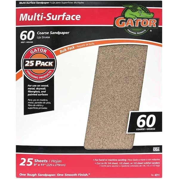 Gator 3266 Sanding Sheet, 11 in L, 9 in W, 60 Grit, Coarse, Aluminum Oxide Abrasive - 4211GA