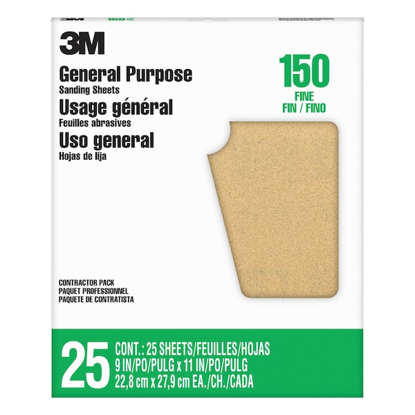 3M Sandpaper Sheet, 150 Grit, 9"W, PK25 - 11602NA-25