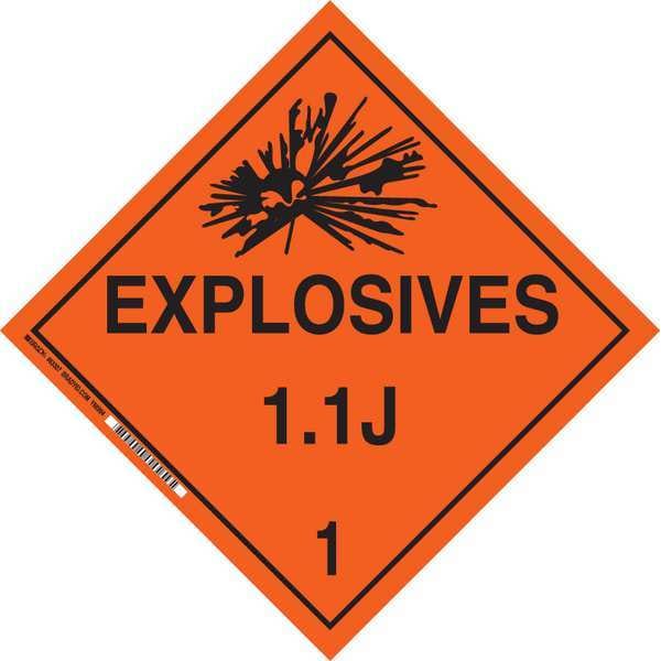 Brady DOT Container Placard, Explosives 1.1J 1, B-120 Premium Fiberglass, 10-3/4" W x 10-3/4" H - 63342