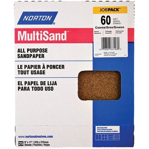 Norton Co MultiSand 076607 Sanding Sheet, 11 in L, 9 in W, Coarse, 60 Grit, Aluminum Oxide Abrasive - 68108