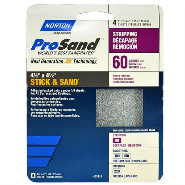 Norton Co 4-1/2" x 4-1/2" ProSand Stick & Sand Sanding Sheet 60-Grit, PK 4 - 05314