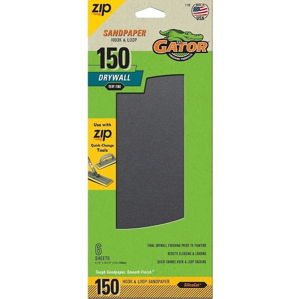 Gator Sandpaper, 10-1/2 in L, 4-1/2 in W, 150 Grit, Fine, Silicone Carbide Abrasive - 7159