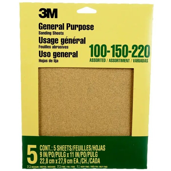 3M 9" x 11" Sand-Pak Production Sanding Sheet, Assorted Grits, PK 5 - 9005