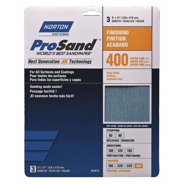 Norton Abrasives Sandpaper Sheet, Super Fine, 400 Grit, PK3 - 07660768156